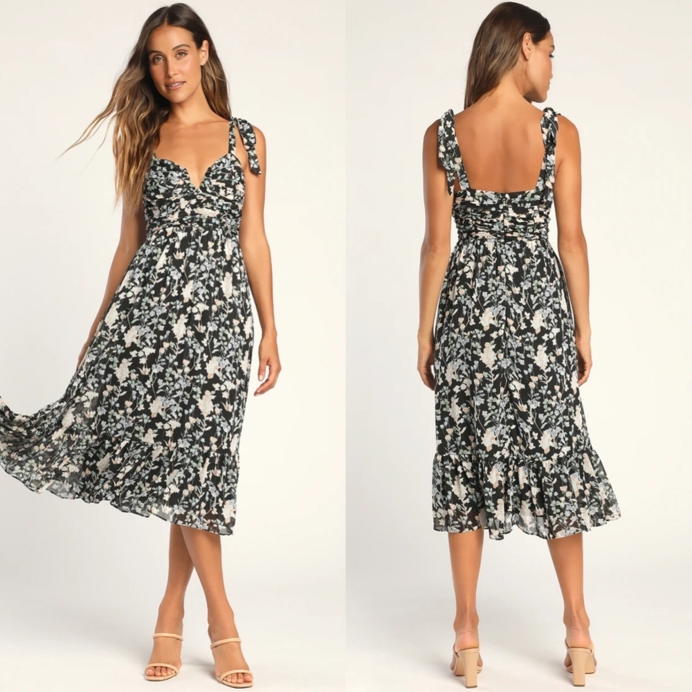Lulu's Black Floral Midi Dress with Tie Straps